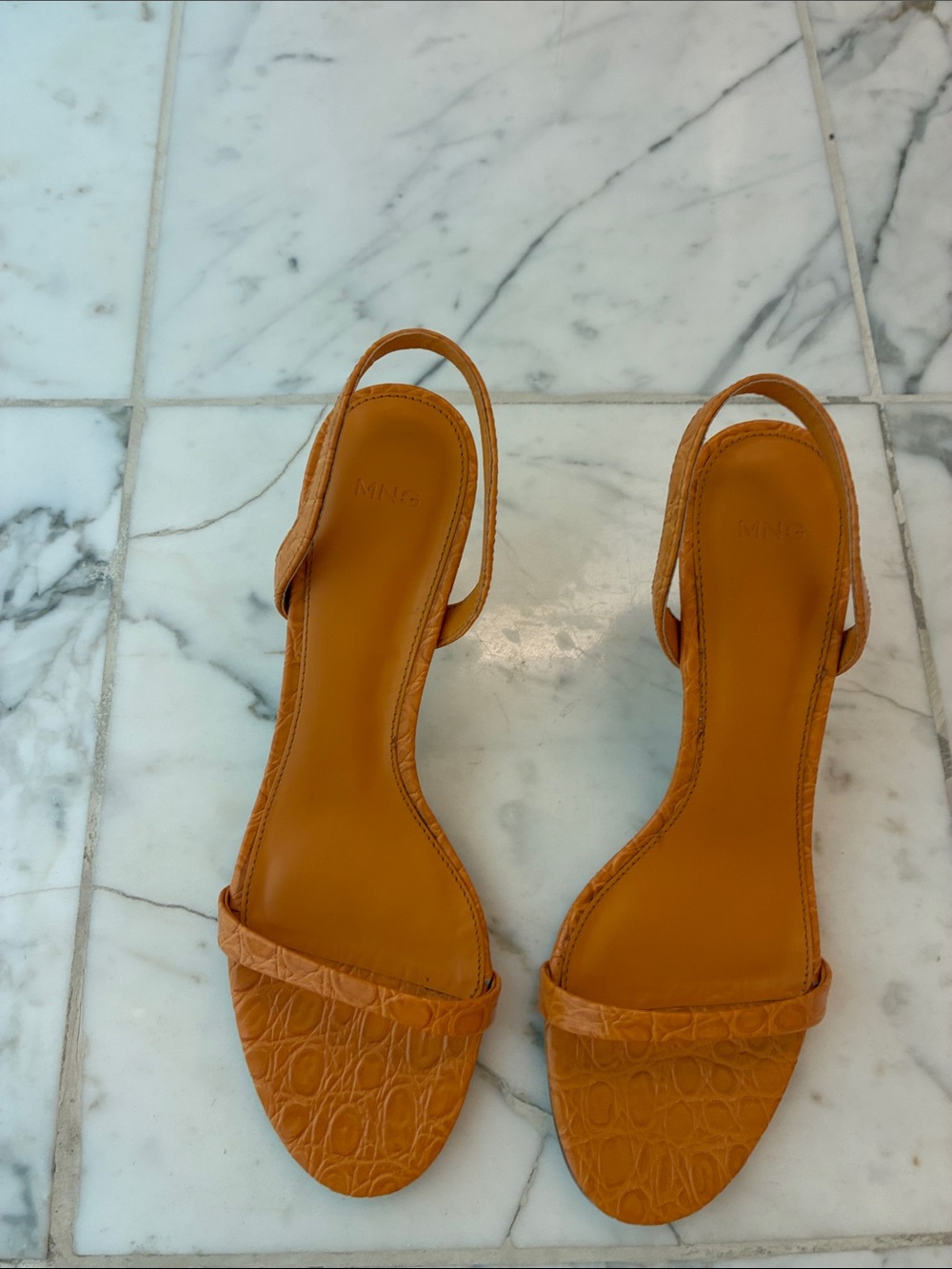 Mango Croc-Embossed Tan Slingback Sandals